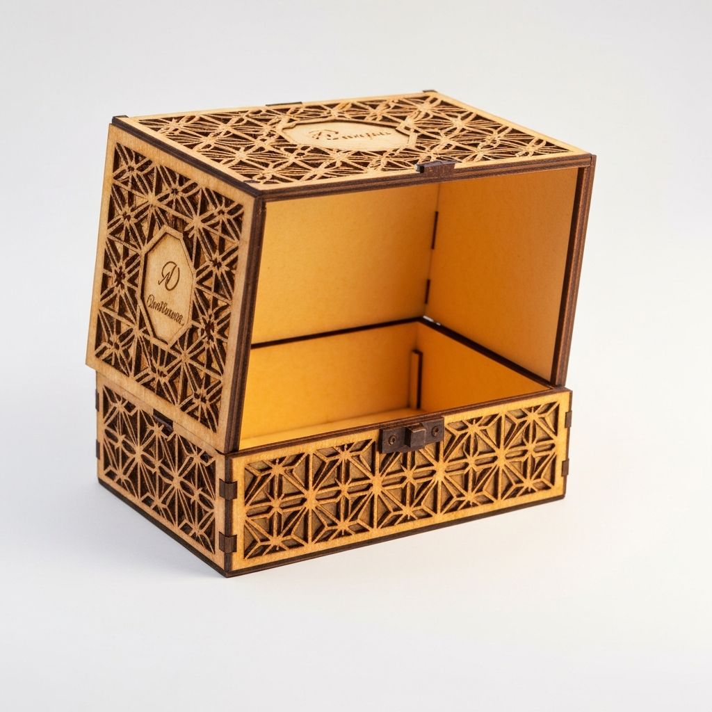 Caixa decorativa em MDF com padrões geométricos cortados a laser
