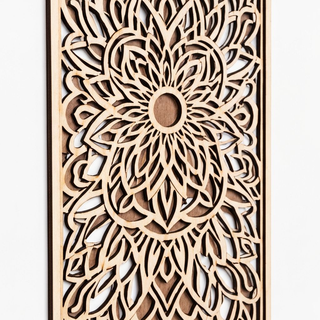 Painel decorativo de parede em MDF com desenho de mandala cortado a laser